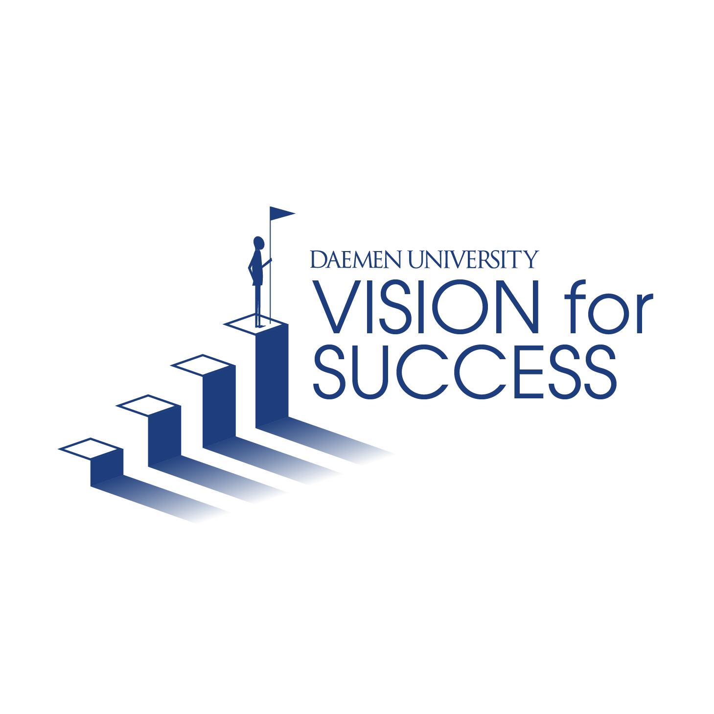 Daemen University Vision For Success blue stairs with person-like image a top holding flag