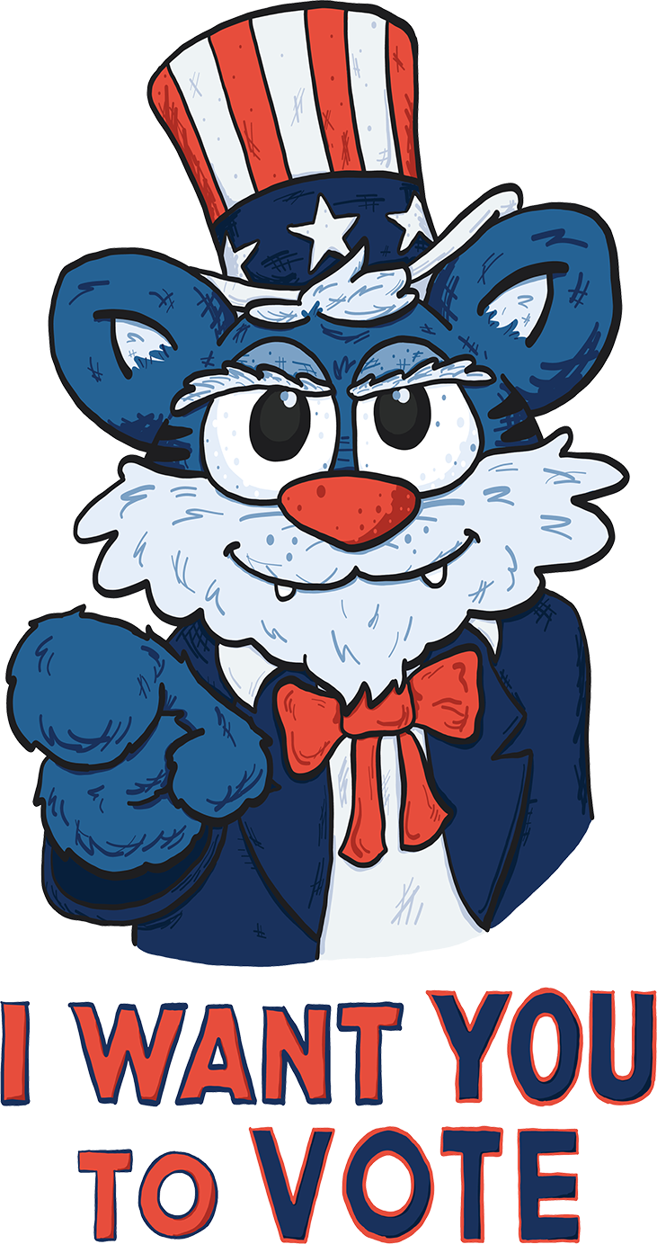 Uncle Sam Willie the Wildcat saying 'I want you to vote'