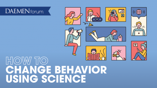 How to Change Behavior Using Science logo, people reading and texting