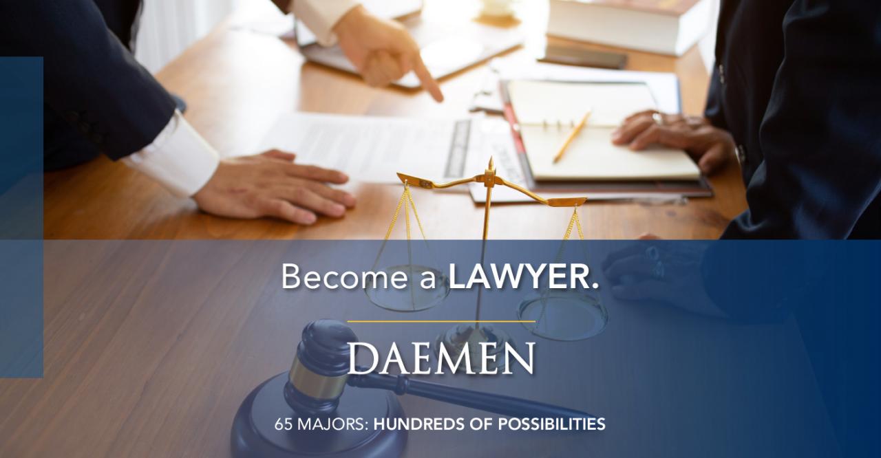 Marketing Banner, lawyers around a table with the text "Become an lawyer" on top of it.