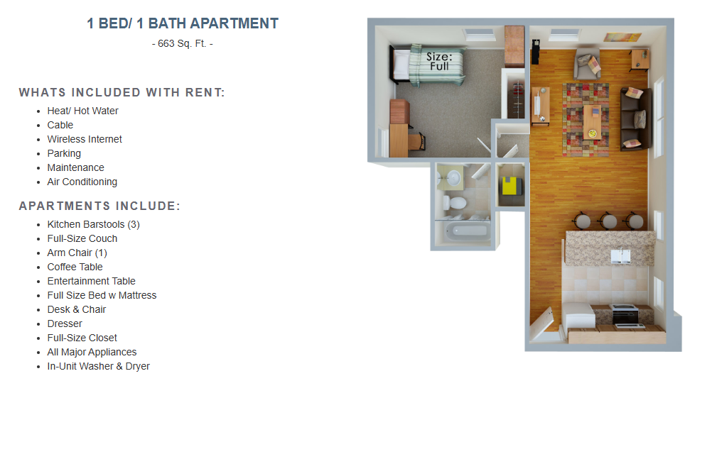 Picture of layout and amenities of Collegiate Village 1-bed/1-bath apartments