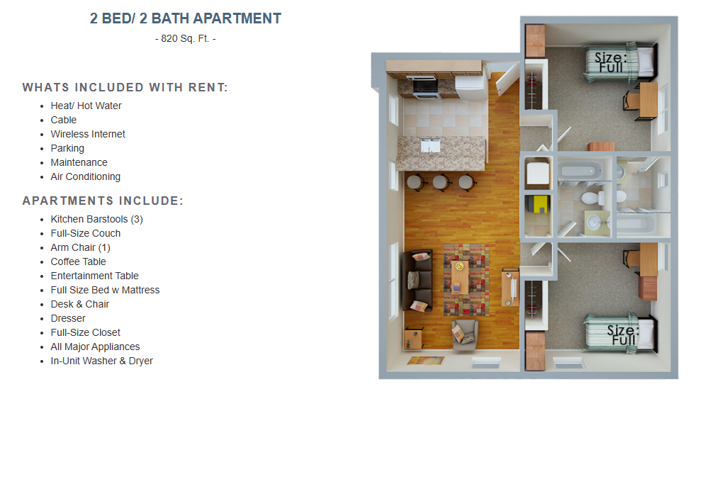 Picture of layout and amenities of Collegiate Village 2-bed/2-bath apartments