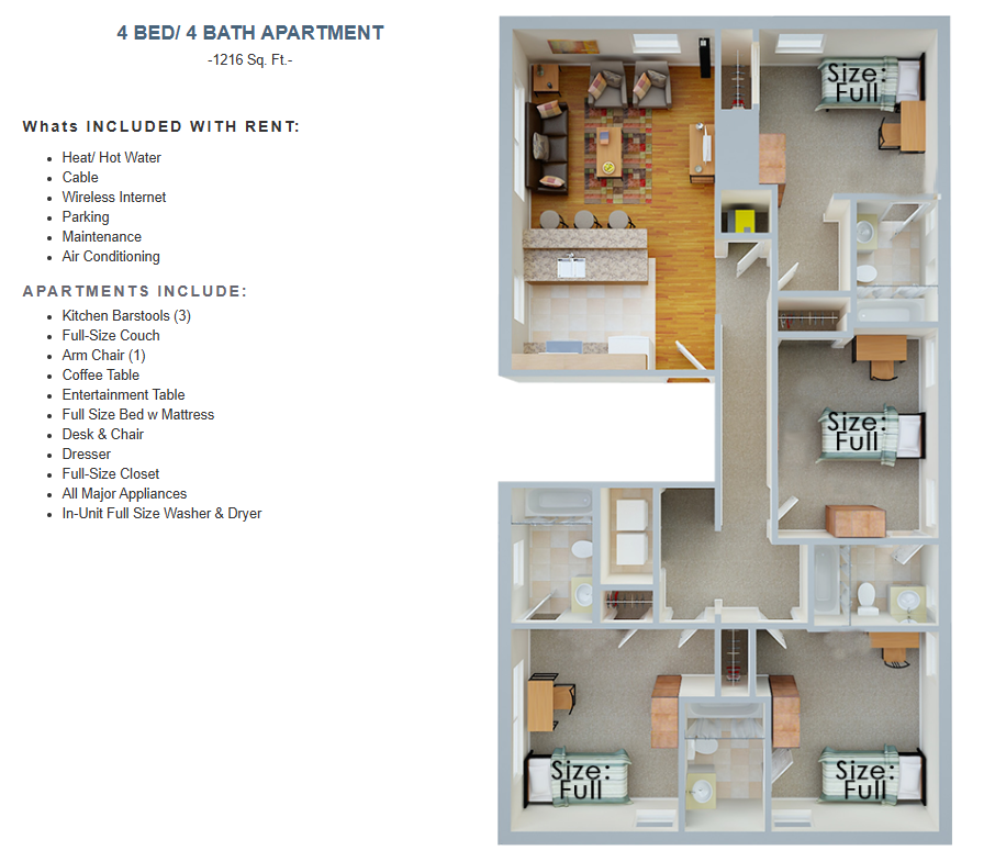 Picture of layout and amenities of Collegiate Village 4-bed/4-bath apartments