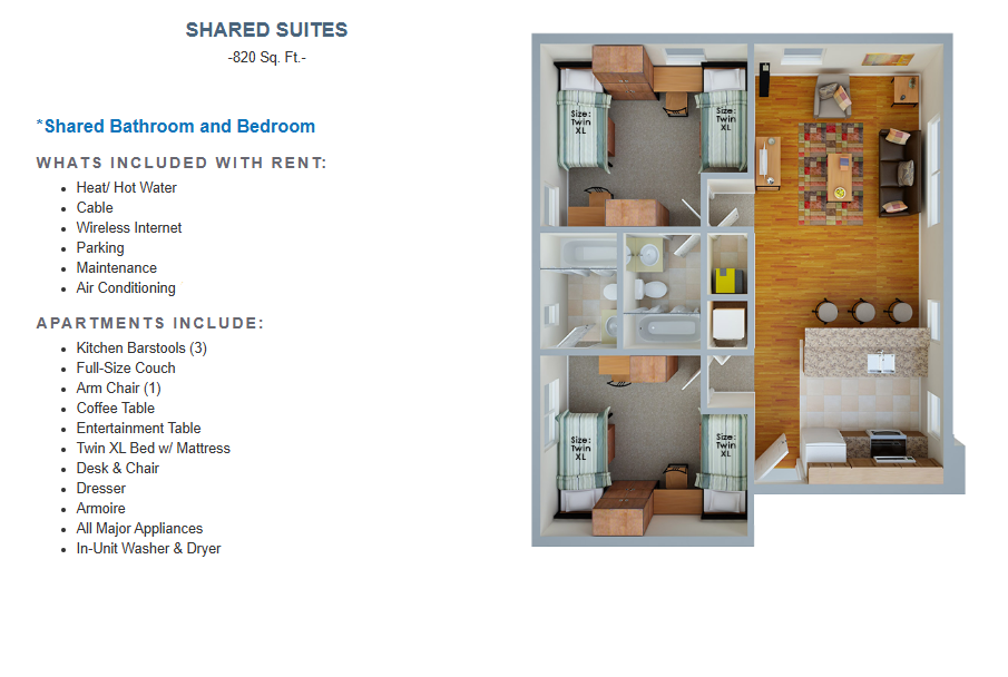 Picture of layout and amenities of Collegiate Village 2-Bedroom (Shared) apartments