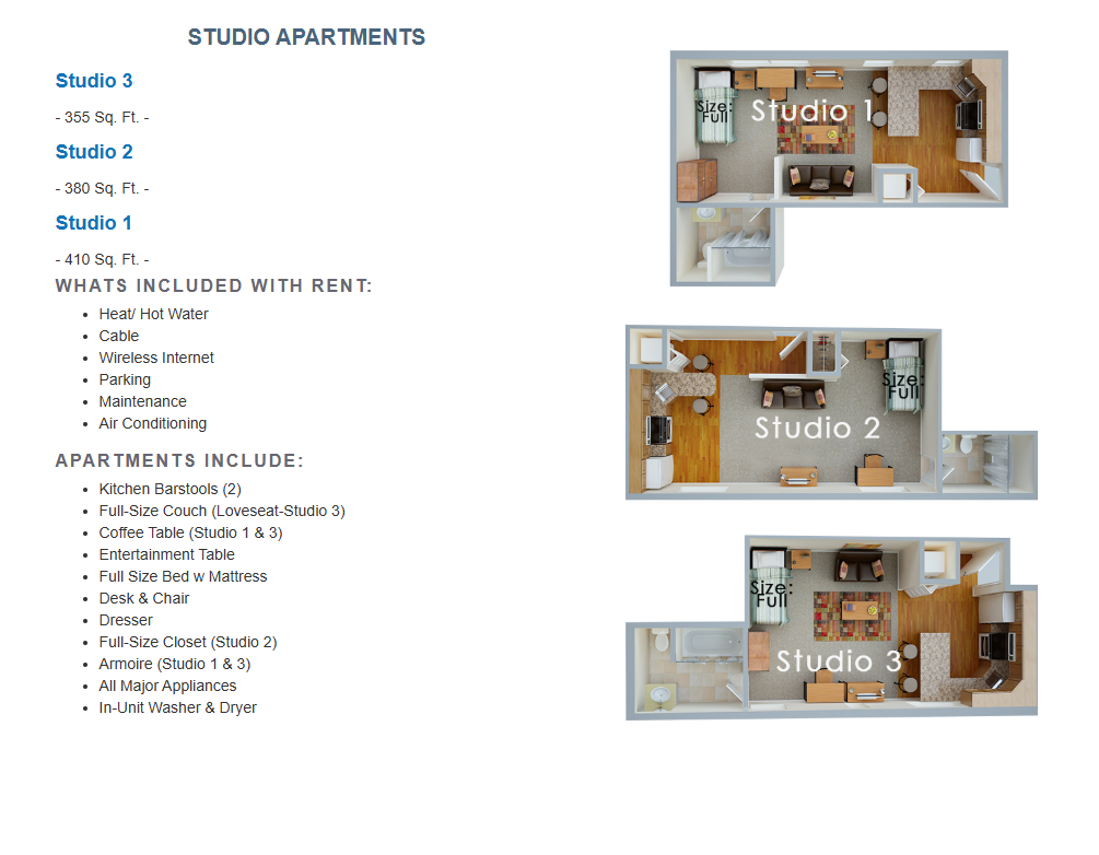 Picture of layout and amenities of Collegiate Village Studio apartments