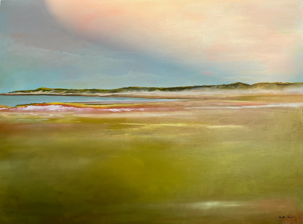 painting showing ocean viewed from a green bluff, sand dunes in the distance