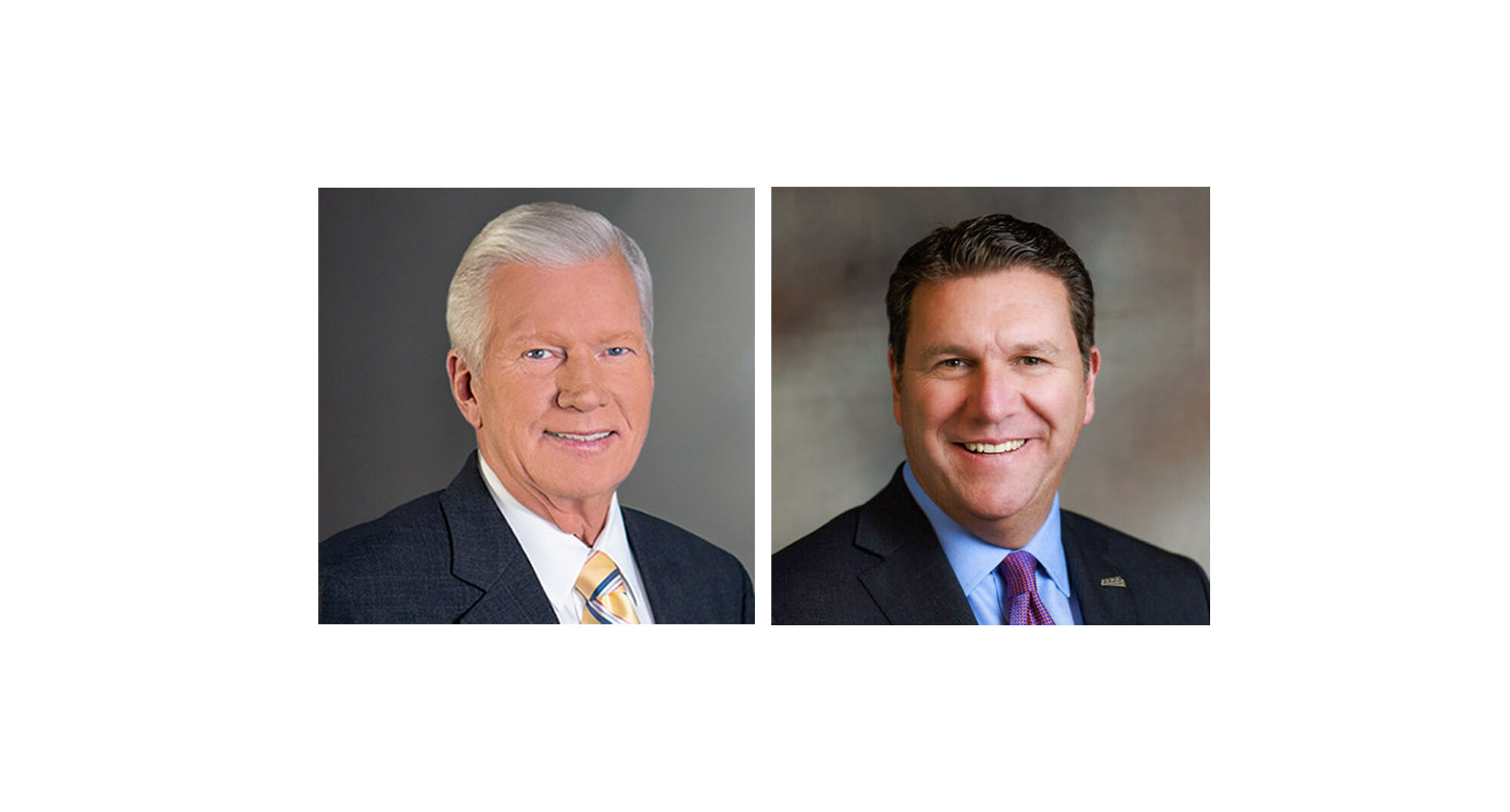 Headshots of two men, both wearing suits and ties, one with gray hair, the other with dark hair.