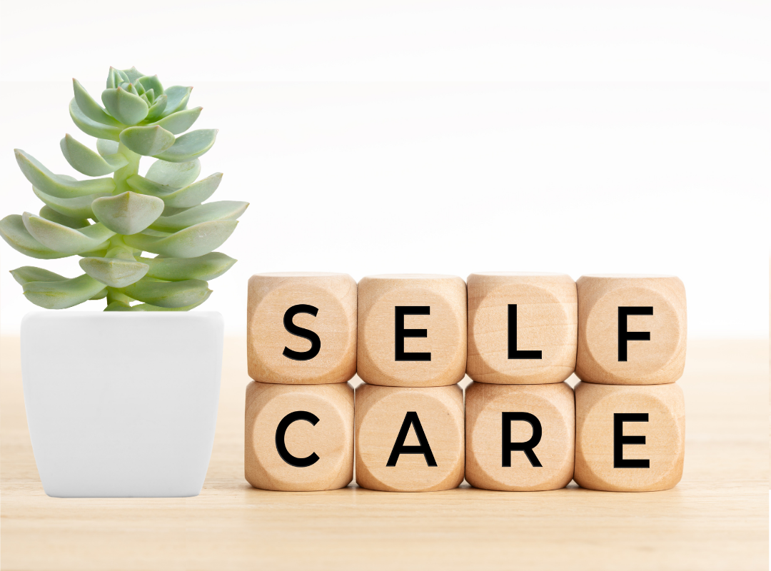 Succulent plant with words Self Care on blocks