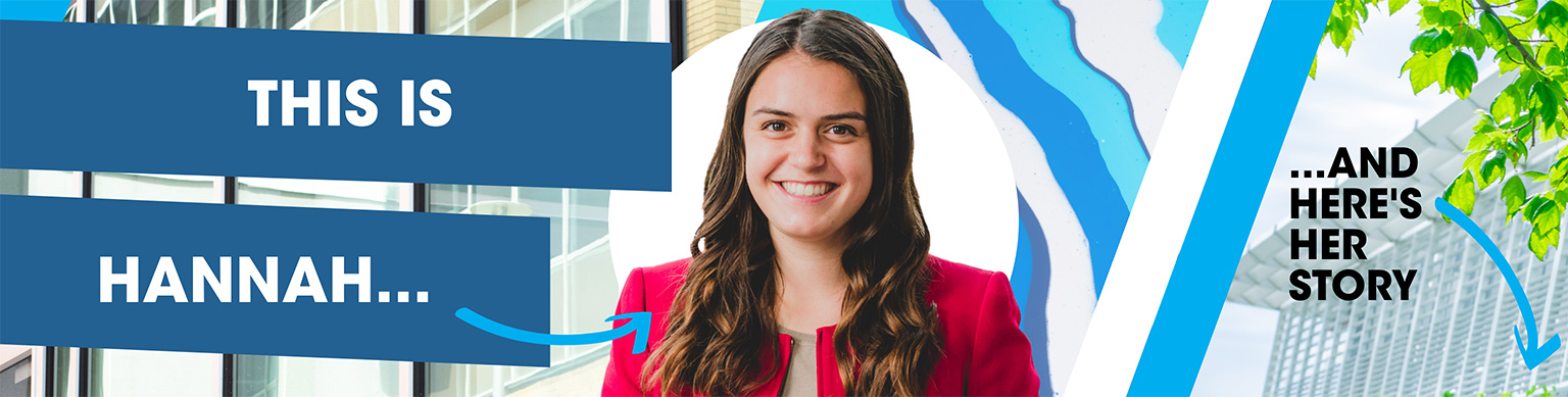 Hannah Miller in a red jacket with text saying 'This is Her Story'