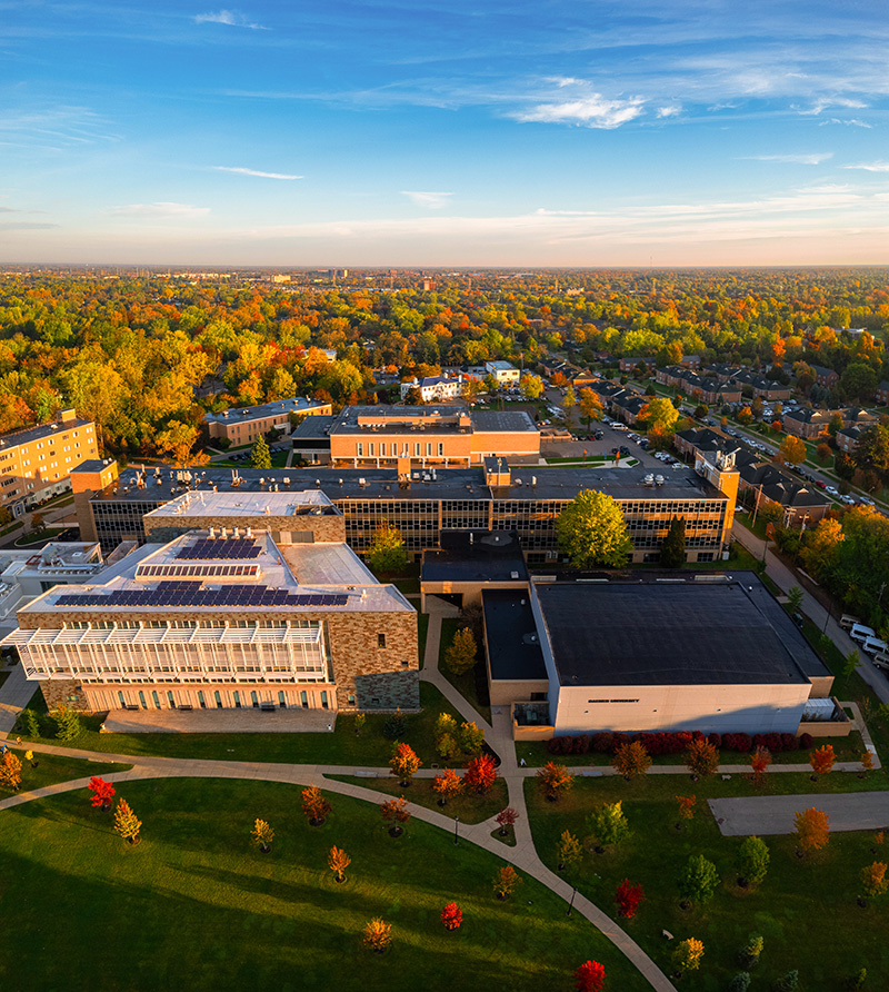 Aerial view of front of campus in fall