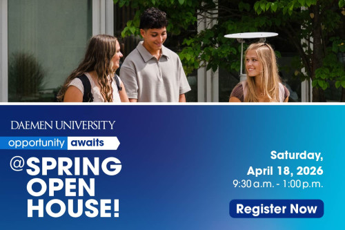 Daemen University Spring Open House promotional graphic with students on campus.