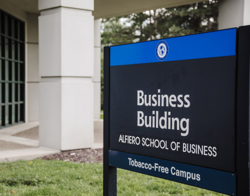 Alfiero School of Business sign at front of building