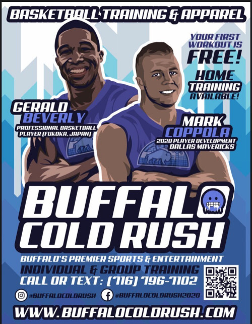Buffalo Cold Rush logo, poster art with Gerald Beverly ‘15 and Mark Coppola 14, ‘20