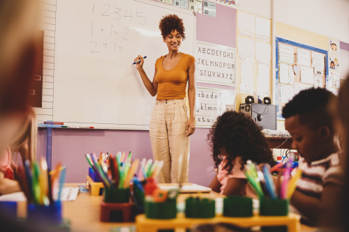 Teacher standing at white board in elementary classroom