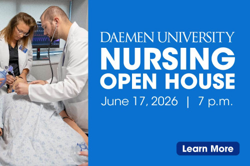 Promotional graphic for Daemen University Nursing Open House featuring nursing students and faculty performing a clinical simulation.