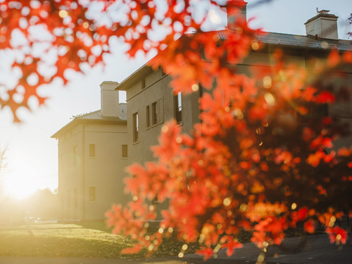 campus, orange fall leaves, curtis hall in background