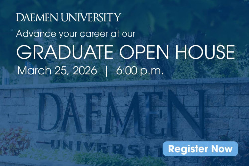 Daemen University Graduate Open House promotional graphic featuring the Daemen University stone sign on campus. Text reads ‘Advance your career at our Graduate Open House, March 25, 2026 | 6:00 p.m.’ with a ‘Register Now’ button.