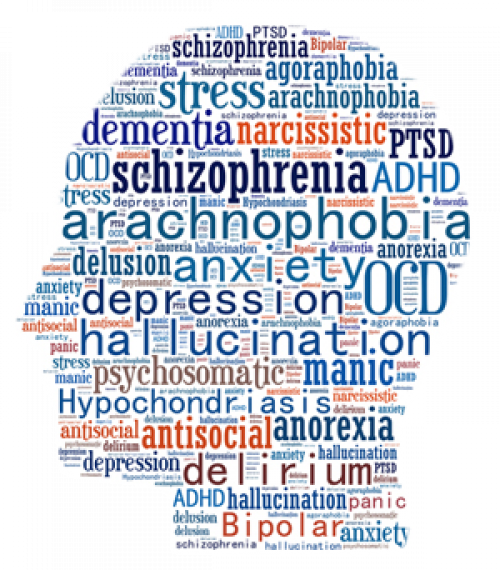 mental illness word map in the shape of a head