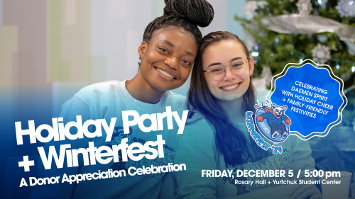 holiday Party + Winterfest -two adult women at event near holiday tree