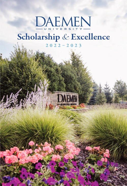 Scholarship & Excellence 2023 Cover, front of campus Daemen University sign viewed through flowers