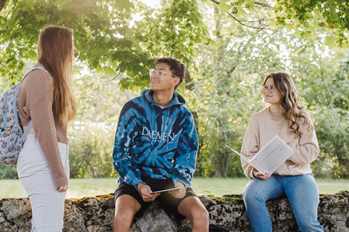 Daemen students sitting outide Canavan Hall.