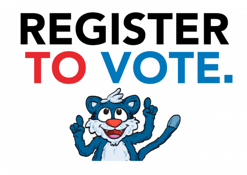 Willie the wildcat pointing to the text 'Register to Vote'