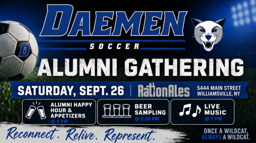 Daemen Soccer Alumni Gathering poster, soccer ball, wildcat logo
