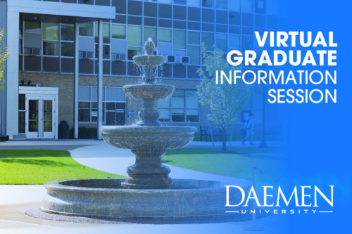 A photo of the fountain inside Saffrin Square promoting the upcoming Virtual Graduate Information Session.