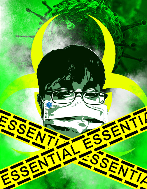 COVID-19 Expo Cover Image. Male student in a facemask with caution tape that says essential in an X in front of him